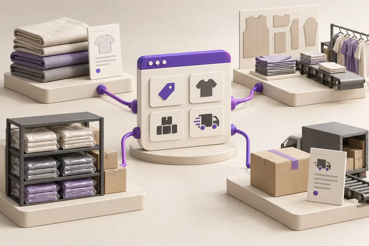 Conceptual illustration linking apparel orders, production, stock and dispatch through shared records