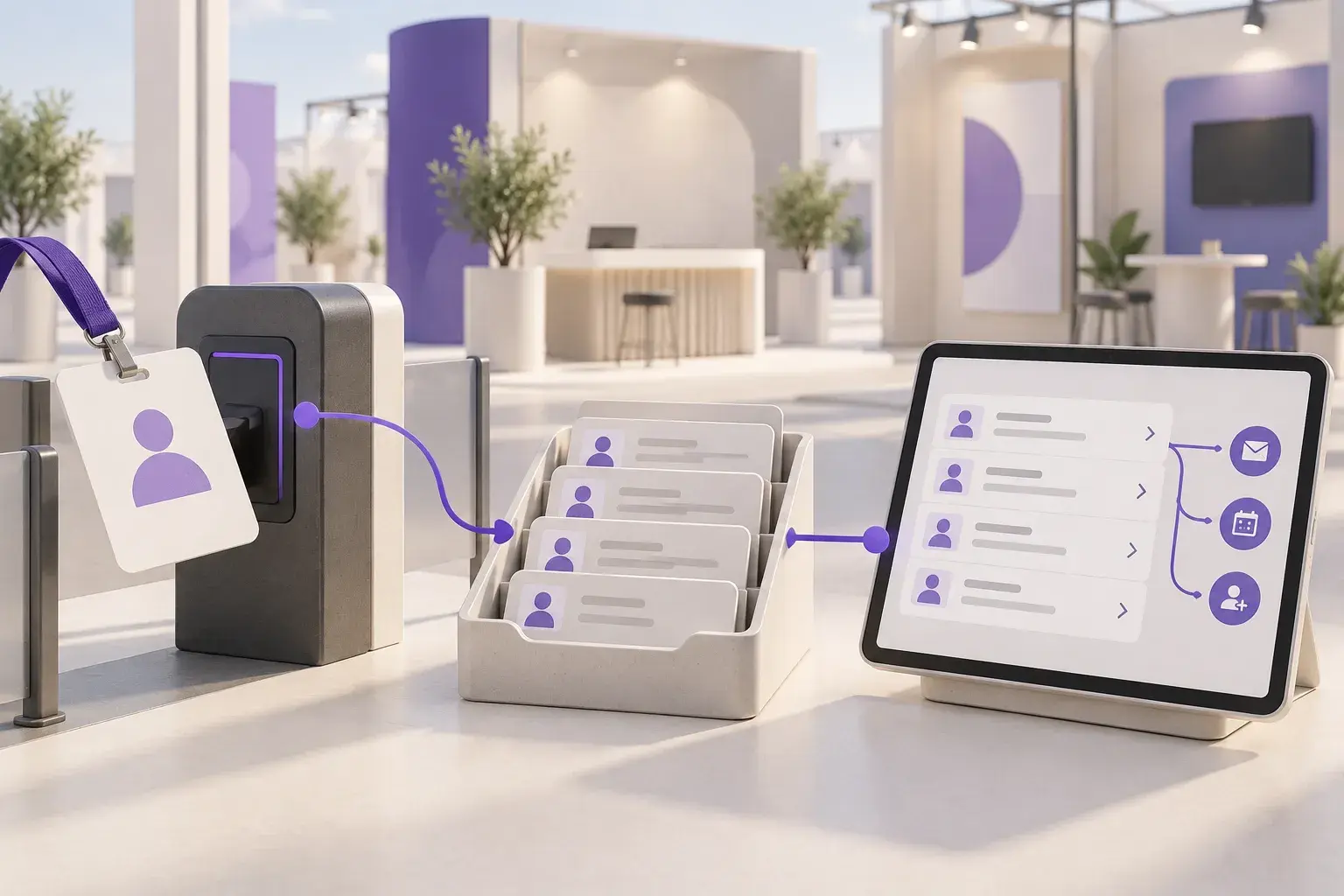 Conceptual illustration connecting visitor badge scanning, attendance records and event follow-up