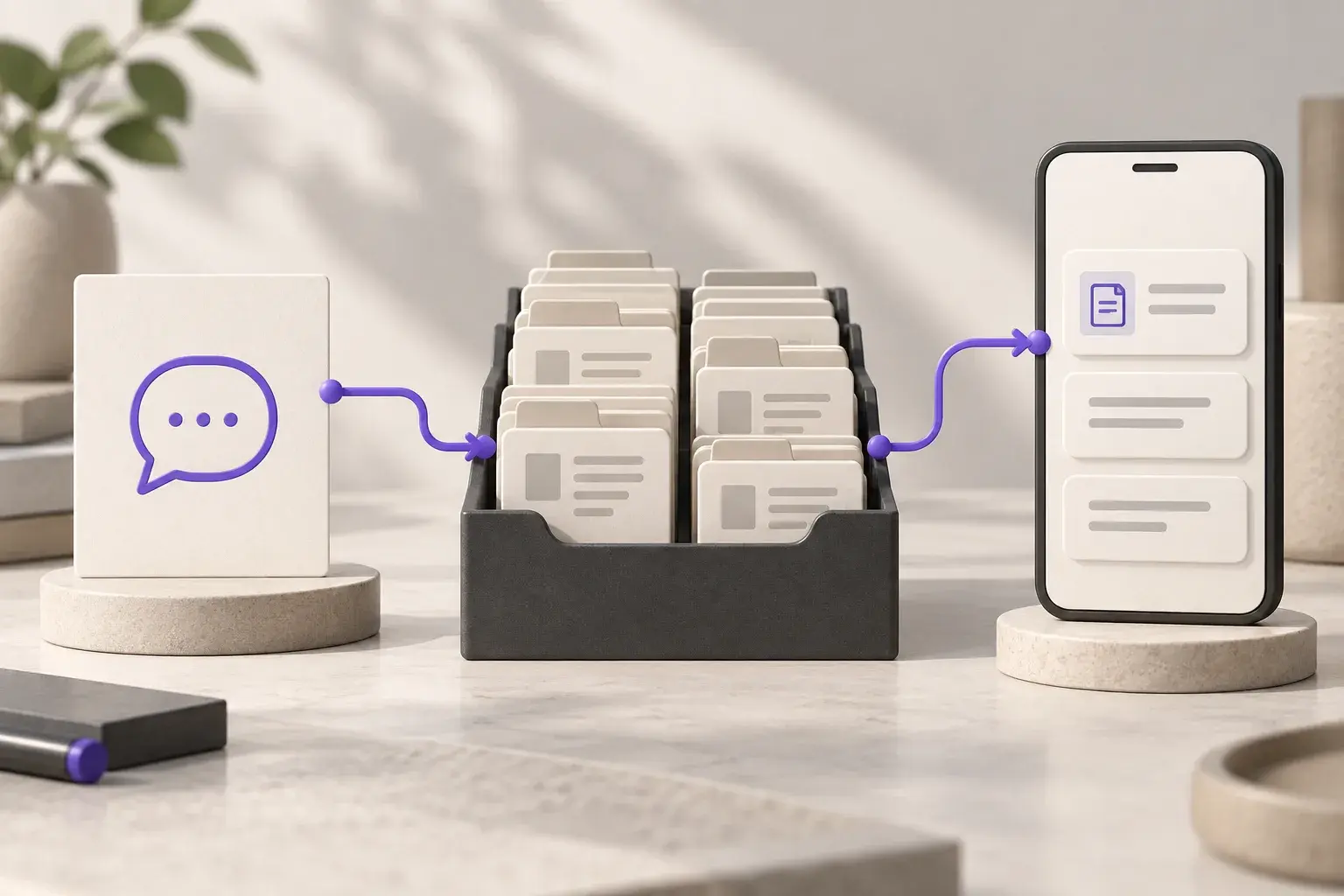 Conceptual illustration connecting a question, structured reference library and mobile response