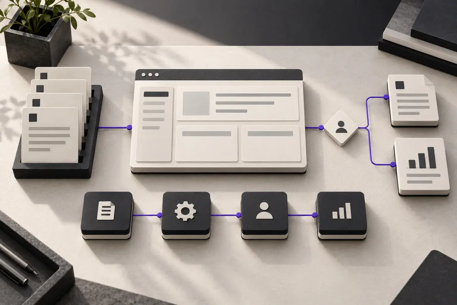 Conceptual illustration connecting business records, application rules, human review and reporting