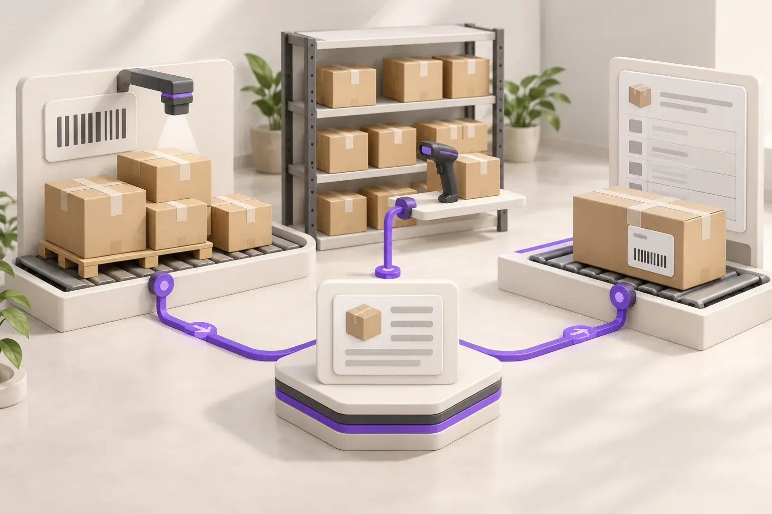 Conceptual illustration connecting goods receipt, stock scanning and dispatch to one inventory record